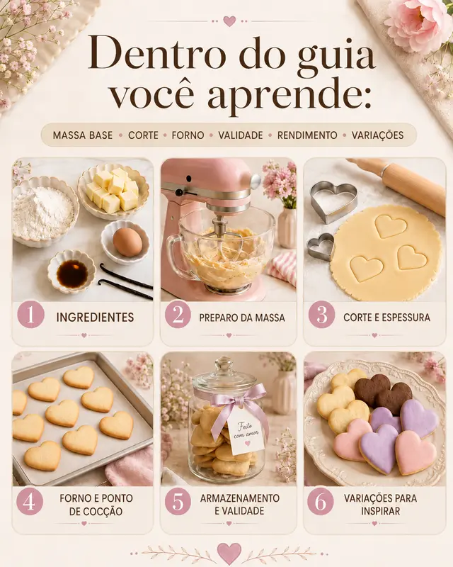 Resumo visual do guia Biscoitos que Vendem mostrando ingredientes, preparo, corte, forno, armazenamento e variações.