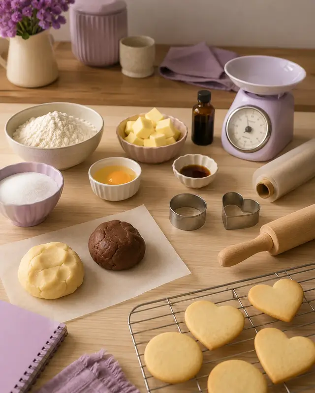 Bancada delicada com ingredientes e utensílios.